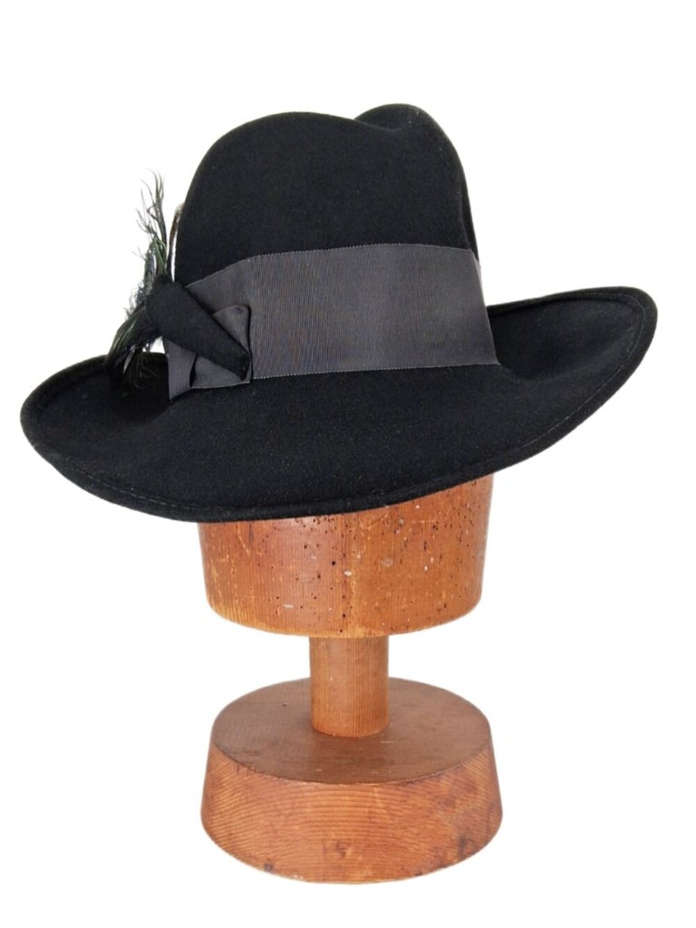 Vintage 1970s Doeskin Wide Brim Fedora Tall Crown Peacock Feather Hat Unisex